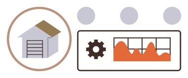 Yanında ekipman ve turuncu grafik olan depo çizimleri, operasyonları, izleme ve verileri temsil ediyor. Lojistik, analitik, teknoloji, envanter, sistem otomasyonu için ideal