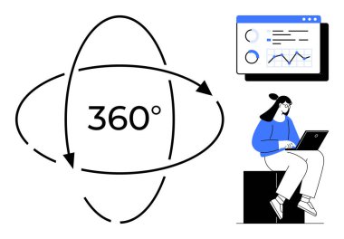 360 derecelik döndürme okları, dizüstü bilgisayar oturması, veri görselleştirme ekranı. Veri analizi, teknoloji, yenilik, eğitim, takım çalışması dijital araçlar için idealdir. Basit düz metafor