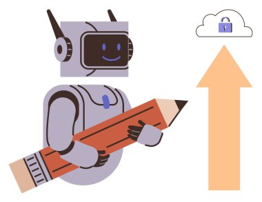 Robot büyük bir kalem tutuyor, yukarı doğru giden oku işaret ediyor ve kilit simgesi ile buluta götürüyor. Teknoloji, yaratıcılık, yapay zeka öğrenimi, veri güvenliği, bulut depolama, yenilik, basit düz metafor