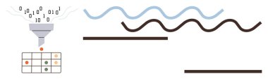 Funnel processing binary input into a table, noise visualized as wavy lines. Ideal for data analysis, machine learning, AI, big data, information management, processing metaphor, simple flat metaphor clipart svg vector 