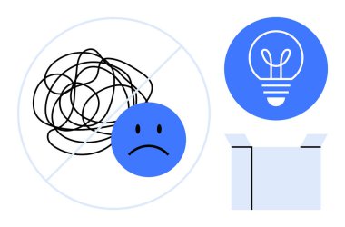 Karmaşık çizgileri olan üzgün bir yüz bir dairenin içindeki ampul ve fikirleri ve çözümleri sembolize eden açık bir kutu. Yaratıcılık, yenilik, beyin fırtınası, problem çözme, berraklık için ideal