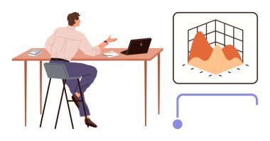 Masada oturan bir adam sunum ekranında üç boyutlu grafiğe doğru hareket ediyor, çalışma ortamında. Veri analizi, iş anlayışı, istatistik, eğitim, takım çalışması, strateji planlaması için ideal