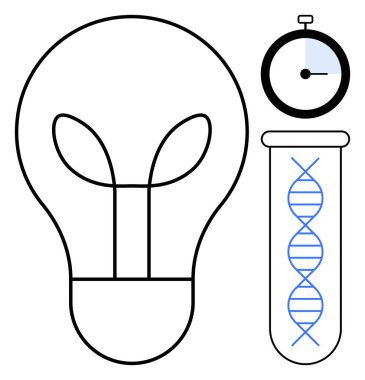 Fikirler için ampul, genetik araştırmalar için DNA, zamanlama yenilikleri için kronometre. Bilim, araştırma, yenilik, yaratıcılık, biyoteknoloji icadı beyin fırtınası için idealdir. Basit.