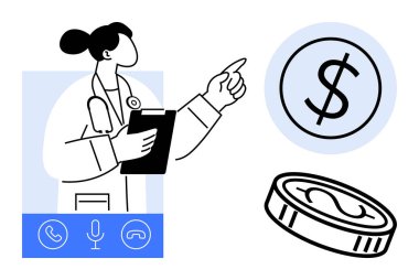 Doktor sanal konsültasyon sırasında para ve dolar işaretlerini gösteren bir pano tutuyor. Telehealth, finanse, medikal danışma, sağlık, teknoloji, uzaktan çalışma ve hizmet için ideal