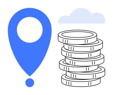 Belirsiz bir bulutun altındaki bozuk para yığınının yanındaki mavi işaret. Finans, yatırım, tasarruf, iş stratejisi, küresel ekonomi, navigasyon, büyüme için ideal. Minimalist düz metafor