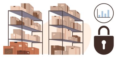 Güvenlik kilidi ikonu ve veri tablosunun yanında kutularla dolu raflar yığılmış. Lojistik, tedarik zinciri, envanter, e-ticaret, analitik, veri güvenliği, iş yönetimi için ideal