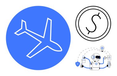 Uçak, dolar işareti ve teknoloji araçlı robot seyahat, para birimi, otomasyon, yapay zeka yeniliği, güvenlik, dijital dönüşüm küresel ticaret ve gelecekteki kavramları sembolize ediyor. Fintech için ideal