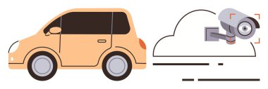 Bulut ve güvenlik kamerasının yanında küçük turuncu bir araba. Araç güvenliği için ideal, akıllı şehir, veri takibi, ulaşım, IOT, teknoloji, bulut hesaplama. Modern basit düz metafor