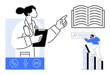 Doktor panoyu tutuyor, bilgiyi sembolize eden açık bir kitap, baro çizelgesinde arama simgesi olan biri. Sağlık, araştırma, konsültasyon, eğitim, büyüme analizi için idealdir. Basit düz