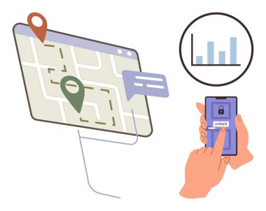 Konum lobutlarıyla harita arayüzü, harita karşılaştırması ve akıllı telefonun kilidini açan eller. Teknoloji, navigasyon, mobil uygulamalar, konum paylaşımı, veri analizi, siber güvenlik yeniliği için ideal