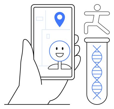El ele tutuşan akıllı telefon, DNA ipliği ve çalışan figürlü test tüpünün yanında mutlu yüz ve konum işareti gösteriyor. Sağlık, DNA teknolojisi, yenilik, sağlık, araştırma, fitness, basit