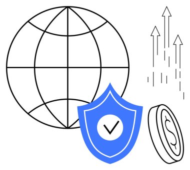 Küre, işaretli kalkan, dolar parası, yukarı doğru oklar küresel iletişimi temsil ediyor siber güvenlik, finans, büyüme. Finans ve güvenlik sektörü için ideal dünya ticaret ekonomisi yatırımı