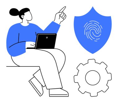 Elinde dizüstü bilgisayar olan bir kadın, yanında dişli ikonu olan bir güvenlik kalkanını işaret ediyor. Siber güvenlik, gizlilik, teknoloji geliştirme, veri koruması, çevrimiçi araçlar, güvenlik için ideal