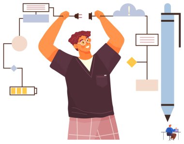 Gülümseyen adam iş akışından esinlenilmiş diyagramda pil, kalem ve devre elementleriyle bağlantı kuruyor. Yaratıcılık, problem çözme, beyin fırtınası, yenilik, işbirliği, enerji motivasyonu için ideal