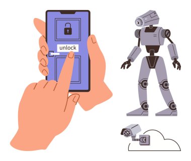 Mobil arayüz otomatik sistemlerin kilidini açıyor. Robotik figür ve bulut bağlantılı güvenlik kamerası yanında. Teknoloji, yapay zeka, güvenlik, yenilik, otomasyon, IOT, uzaktan kumanda için ideal. Basit düz