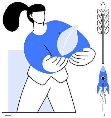 Yaprak tutan kadın, ekolojik bilinci buğday sapı ve roketle sembolize ediyor. İlerlemeyi, yeniliği ve tarımı temsil ediyor. Sürdürülebilirlik, büyüme, ekoloji, yenilik ve tarım için ideal