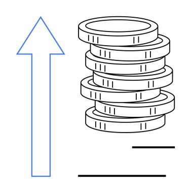 Yükselen okla eşleşen madeni para yığını finansal büyüme ve başarıyı simgeliyor. İş, finans, yatırım, ekonomik kalkınma, tasarruf, gelir ve ilerleme için idealdir. Basit düz metafor