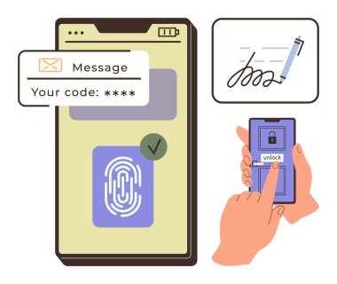 Parmak izi taraması, OTP doğrulaması ve dijital imza kullanan cep telefonu doğrulaması. Güvenlik, gizlilik, fintech, e-ticaret, mobil uygulamalar, kimlik doğrulama dijital için ideal