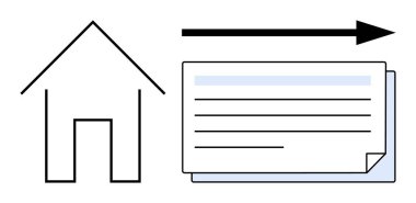 Belgelere işaret eden ileri ok ile ev ana hatları değişimi, yer değiştirmeyi, planlamayı veya büyümeyi vurguluyor. Gayrimenkul, taşınma, karar verme, strateji, ev sahipliği planlama süreci için ideal