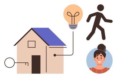 Anahtarı ve teli olan ev ampul, yürüyen figür ve gülümseyen kadın portresine bağlı. Akıllı yaşam, güvenlik, yenilik, bağlantı, enerji tasarrufu, yaşam tarzı dijital çözümler için ideal