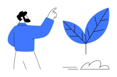 İnsan, büyümeyi, ekolojik bilinci ve ilerlemeyi simgeleyen iki yapraklı büyük bir bitkiye doğru hareket eder. Sürdürülebilirlik, doğa, eğitim, yenilik, büyüme zihniyeti için ideal farkındalık