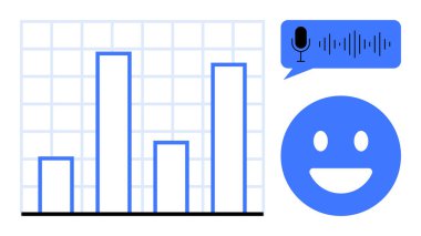 Ses tanıma arayüzü ve gülen yüz dışında bar grafik analizi. Analiz, teknoloji, ses komutu, geri bildirim, iletişim, basit iniş sayfası için ideal