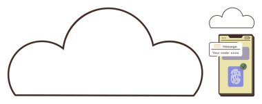 Bulut ana hatları, parmak izi doğrulamasını ve doğrulama kodunu gösteren bir akıllı telefon ekranının yanında. Veri güvenliği, iki faktörlü kimlik doğrulama, bulut erişimi, biyometrik tanımlama için ideal