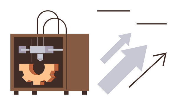 3D принтер, создающий форму передач со стрелками, указывающими на прогресс и развитие. Идеально подходит для технологий, инноваций, творчества, производства, дизайна, промышленности и автоматизации. Простая плоская метафора