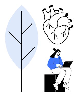 Anatomik kalp çizimi, mavi minimalist yaprak ve dizüstü bilgisayar kullanan oturan kadın. Sağlık, eğitim, iş-yaşam dengesi, yaratıcılık ve anatomi için ideal. Basit düz metafor