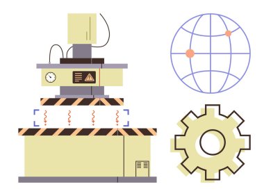 Uyarı işaretli makine, ekipman yansıtma mekanizması, küresel erişimin küresi. Üretim, otomasyon, sanayi 4.0, lojistik mühendisliği araştırma teknolojisi için ideal. Basit düz metafor
