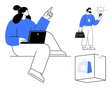 Dizüstü bilgisayarda çalışan bir kadın, elinde ampul ve çanta taşıyan bir fikir adamı işaret ediyor. Yenilik, yaratıcılık, iş dünyası, takım çalışması, e-ticaret, strateji üretkenliği için idealdir. Basit.