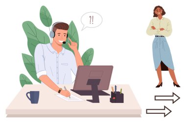 Masasında kulaklığı ve bilgisayarı olan profesyonel bir görevli, profesyonel kıyafetli bir kadın. İletişim, işbirliği, tele çalışma, problem çözme, müşteri hizmetleri, takım çalışması için ideal