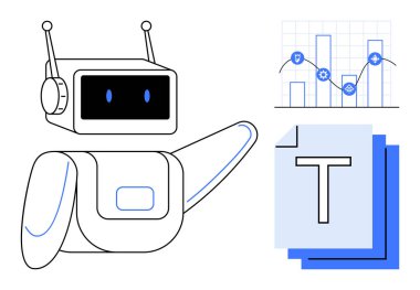 Robot, birbirine bağlı simgeler ve katmanlı metin dosyalarıyla analitik grafiğe doğru hareketler yapıyor. Teknoloji, makine öğrenimi, otomasyon, veri görselleştirme, robot bilimi, yapay zeka, basit
