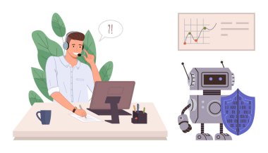 Müşteri hizmetleri görevlisi, masabaşı robotunda bir çizelgenin yanında yapay zeka desteği öneren kulaklıkla konuşuyor. Teknoloji, müşteri hizmetleri, yapay zeka entegrasyonu, veri güvenliği, takım çalışması için ideal