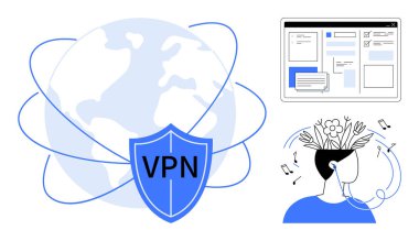 VPN kalkanlı dünya, web tarayıcı penceresi, ve aklında çiçekler ve müzik olan kişi. Güvenlik, mahremiyet, yaratıcılık, yenilik, bağlantı, hayal gücü ve üretkenlik için ideal düz