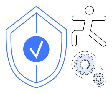 Kontrol işaretli kalkan güvenliği iletir, dişliler sistem optimizasyonunu sembolize eder, insan silueti ise sağlığınızı gösterir. Güvenlik, yenilik, fiziksel sağlık, üretkenlik, teknoloji, koruma için ideal