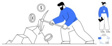 Adam kazmayla kayaları kazıyor dolar, avro ve pound sembolleri çıkarıyor. Finans, yatırım, kripto para birimi, kaynak yönetimi, girişimcilik ekonomik büyümesi için ideal