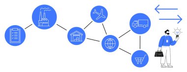 Fabrika, depo, uçak, kamyon, dünya, alışveriş arabası ve bağlantılı düğümlerle bağlantılı profesyoneller. İkmal zinciri, lojistik küresel ticaret ulaşım e-ticaret yönetimi için ideal