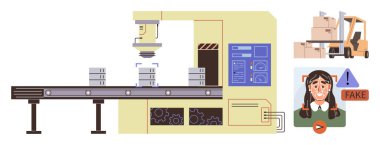 Üretim makinesi konveyördeki eşyaları inceliyor, sahte mal forklift kutuları tanımlıyor, ilgili işçi, uyarı işareti. Teknoloji, üretim, lojistik, güvenlik, otomasyon dolandırıcılığı için ideal