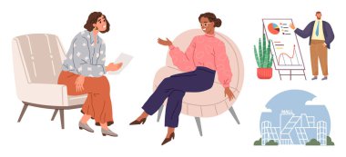 İki kadın koltuklarda tartışıyor, adam saksı bitkisinin yanında veri sunuyor, şehir merkezi tasarımı. Takım çalışması, strateji, iş, liderlik, iletişim yeniliği planlamak için ideal. Basit.