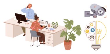 Bilgisayarlarda çalışan çalışanların olduğu ofis masaları, güvenlik kamerası izleme alanı ve yenilikleri sembolize eden vitesli yaratıcı bir ampul. İş yeri için ideal, üretkenlik, yenilik, güvenlik