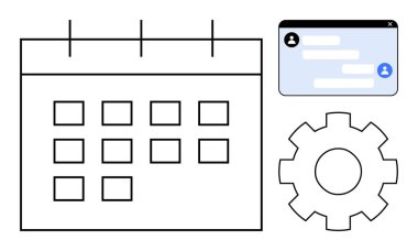 Takvim ızgara vurgulama organizasyonu, iletişim için sohbet balonu, dişli sembolize ayarlar. Takım çalışması, zaman yönetimi, iş akışı optimizasyonu, üretkenlik araçları, planlama için ideal