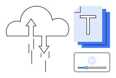 Okları olan bulut dosya transferlerini gösterir. Belgeler sayfa olarak, ortam ise çalma tuşu olarak gösterilir. Teknoloji, dosya paylaşımı, bulut depolama, çevrimiçi eğitim, dijital içerik ve veri için ideal