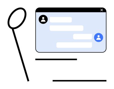 Sohbet baloncukları ve kullanıcı simgelerinin yer aldığı konuşma penceresi büyüteçle eşleştirildi. İletişim, teknoloji, UX tasarımı, mesaj analizi, müşteri desteği, eğitim için ideal