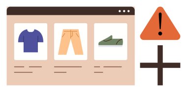 Giysi ve ayakkabı seçeneklerinin yer aldığı e-ticaret arayüzü, uyarı sembolü ve ek eylemler için imza. Çevrimiçi alışveriş için ideal, hata bildirim, envanter sorunları, UX tasarımı, web