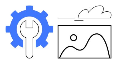 Asgari manzara görüntüsünün yanında vites ve anahtar özelleştirme ve optimizasyonu öneriyor. Teknoloji, yaratıcılık, fotoğraf düzenleme, dijital araçlar, optimizasyon, onarım, ayarlar için idealdir. Basit düz