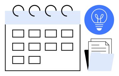 İşaretli günlerin takvimi, mavi ampul simgesi, bir yığın belge ve bir klasör. Planlama, takım çalışması, organizasyon, yaratıcılık, zaman yönetimi ve basit iniş sayfası için ideal
