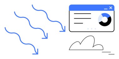 Bulutu gösteren mavi oklar ve içeriği ve çizelgesi olan bir torpido gözü. Bulut hesaplama, veri analizi, bilgi akışı, ağ, iş stratejisi, teknoloji entegrasyonu için ideal