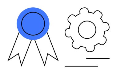 Mavi rozet, süreci ve işlevselliği temsil eden bir vitesin yanında elde edilen başarıyı simgeliyor. Başarı, kalite, üretkenlik, performans, yenilik, gelişme, takım çalışması için ideal. Düz basit metafor