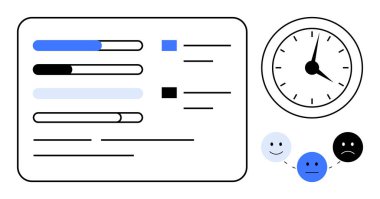 İlerleme çubukları görev tamamlama seviyelerini zaman yönetimini sembolize eden bir saatin yanında gösterir. Yüzler tatmin durumlarını ifade eder. Üretkenlik, proje yönetimi, zaman analizi ve takım için ideal